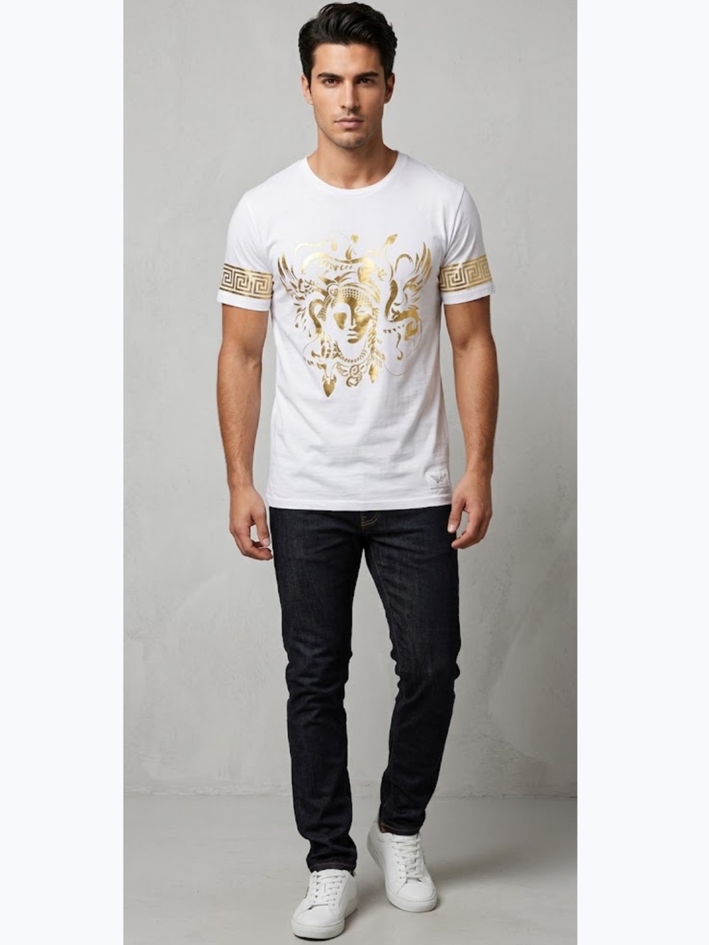 Robin's Jeans Medusa Head White Tee with gold Logo Size 3XL